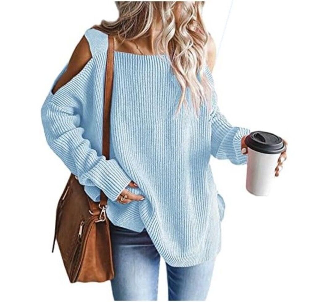 Women Cold Shoulder Sweater Sexy Knit Tops Long Sleeve Loose Fall Pullover, S
